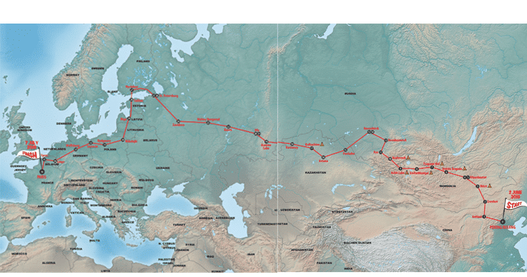 Parcours van de route van Peking naar Parijs