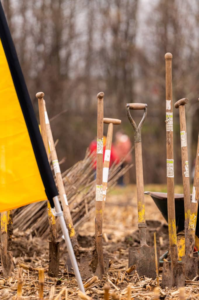 shovels stuck in the ground at the new DHL forest