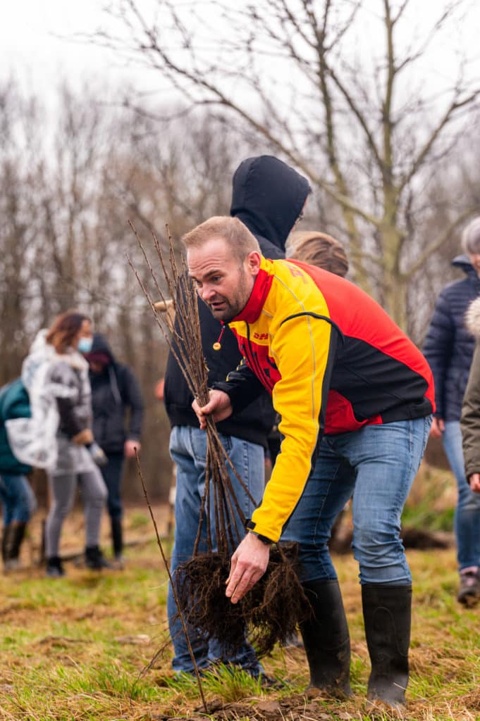 Male DHL employee planting a tree at the new DHL forest