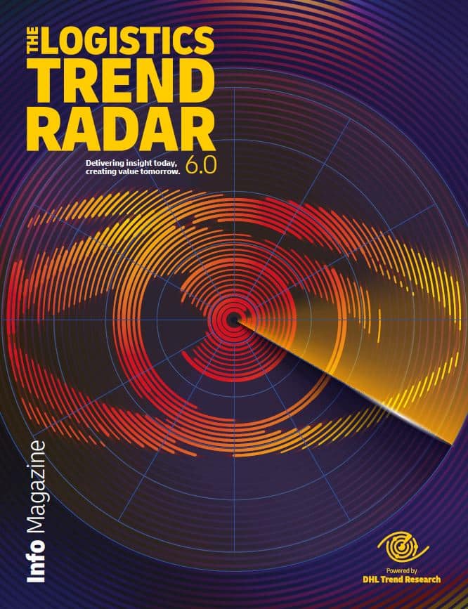visualisation du 6e édition dhl logistics trend radar:
un œil illustré sur un fond sombre